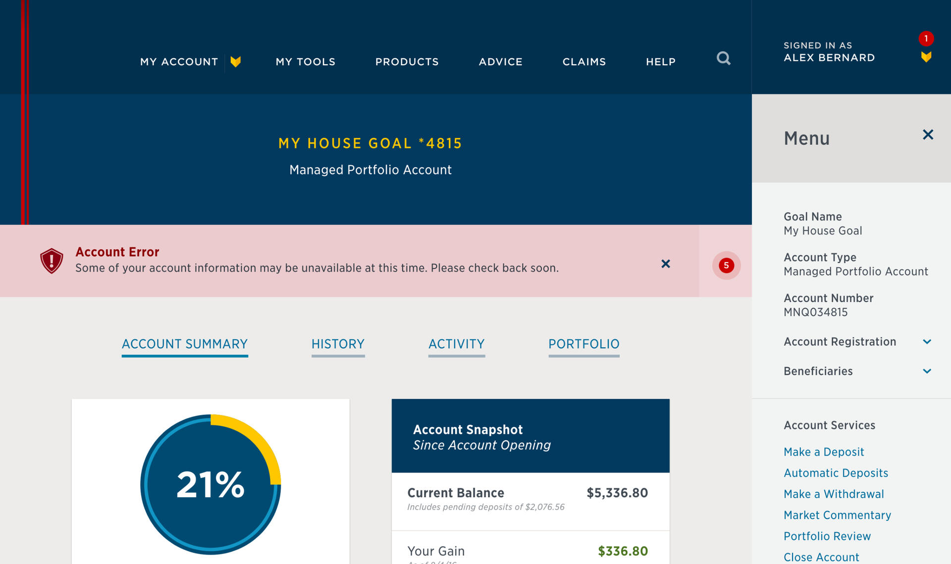 Account dashboard with summary.