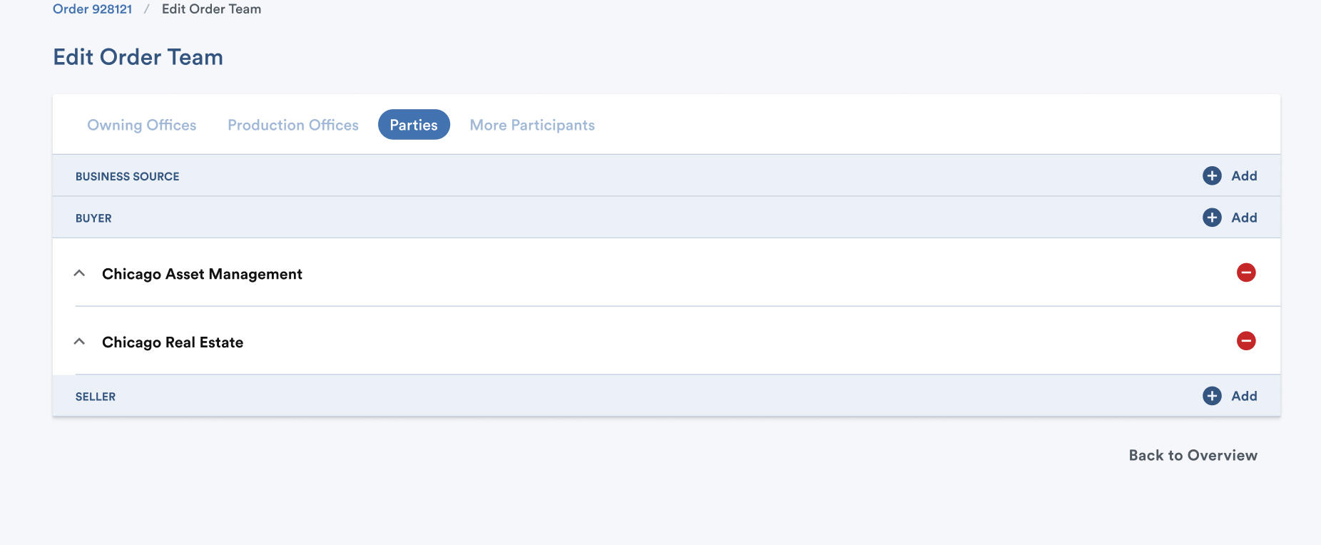 Parties management interface