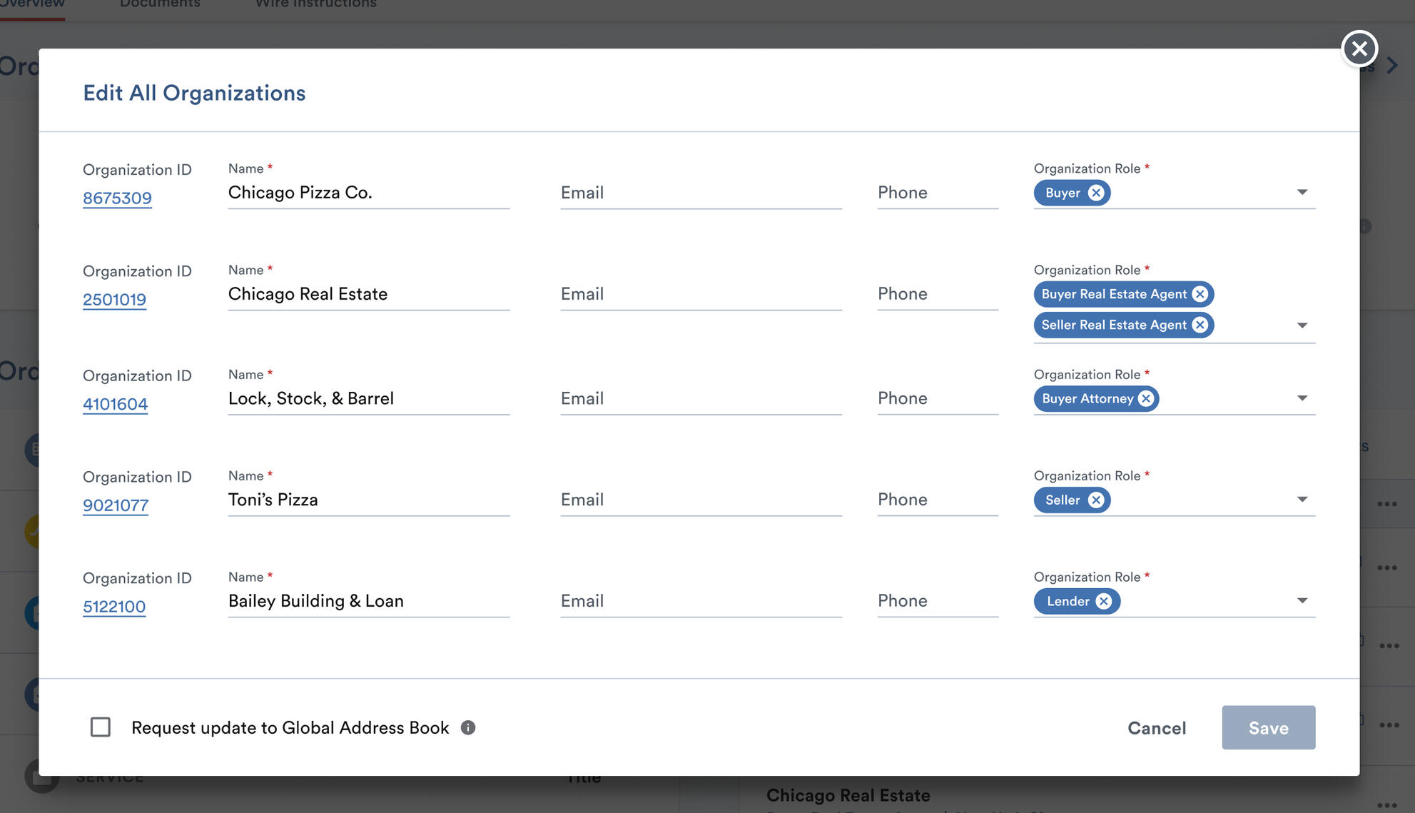 Bulk organization editing modal with roles per party