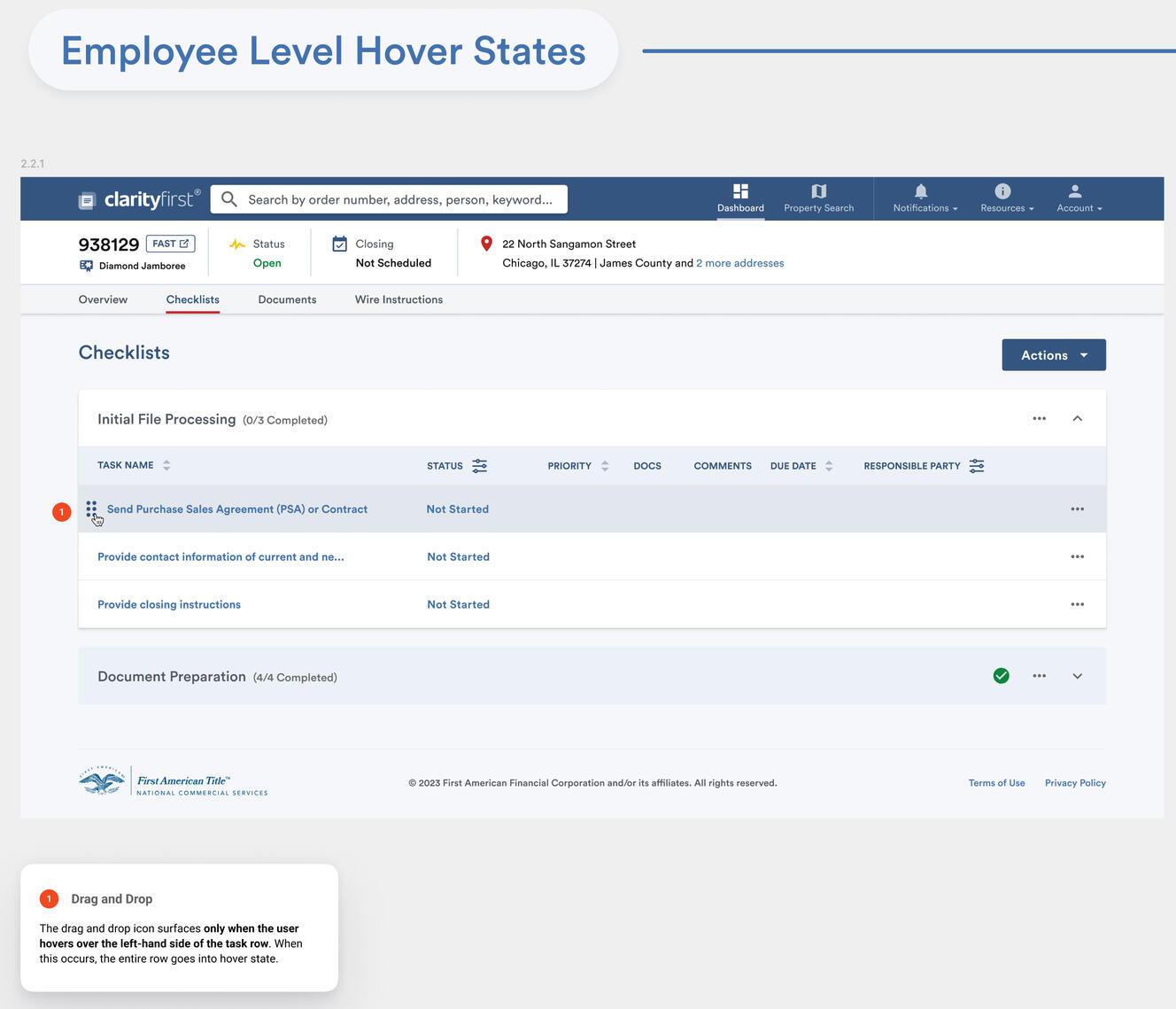 Closing checklist interface